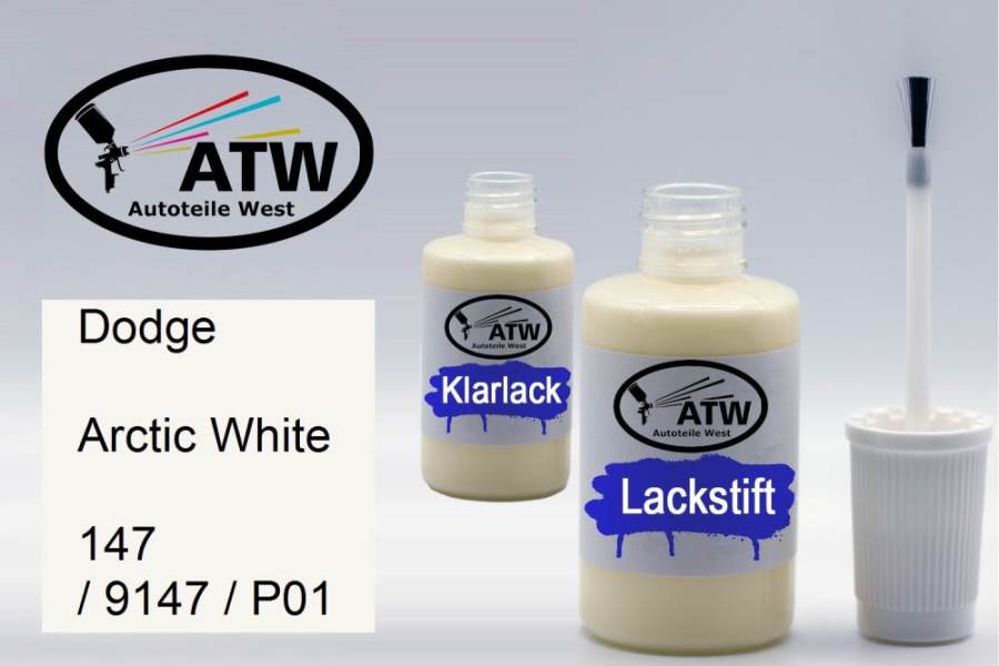 Dodge, Arctic White, 147 / 9147 / P01: 20ml Lackstift + 20ml Klarlack - Set, von ATW Autoteile West.